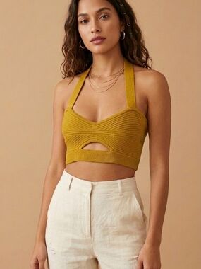 Tularosa Mustard Ribbed Knit Cut-Out Halter Bralette